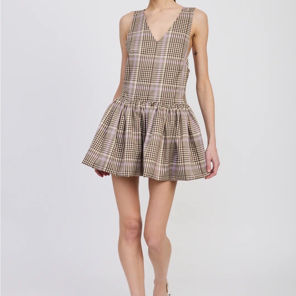 En Saison V-Neck Plaid Mini Dress in Beige with Lilac Trim small